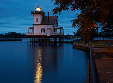 The Roanoke River lighthouse at dusk in Edenton, North Carolina